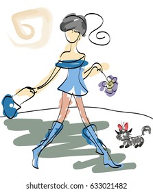 Cute abstract doodle drawing of a fashionable girl and little dog outdoors