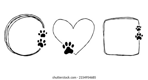 Cute abstract doodle isolated frames set hand drawn. Round lines with paws. For pets, love collection.