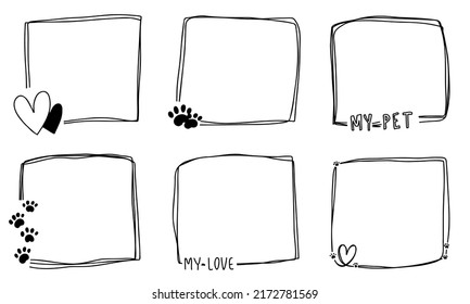 Cute abstract doodle isolated I love my pets frames set paws hand drawn. For dog, cat, bunny line collection.