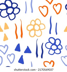 Cute abstract doodle pattern with flowers, heats, lines in trendy style. Festival colorful seamless vector illustration. Business, greeting card background, funny kids textile, wrapping paper