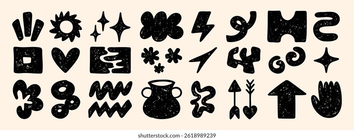Cute abstract doodle shapes. Set of various modern kids hand drawn stars, hearts, clouds, flowers stickers. Retro comic figure. Vector illustration