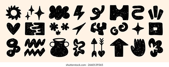 Cute abstract doodle shapes. Set of various modern kids hand drawn stars, hearts, clouds, flowers stickers. Retro comic figure. Vector illustration