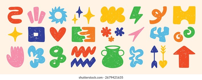 Formas de rabiscar abstratas lindas. Conjunto de várias crianças modernas mão desenhado estrelas, corações, nuvens, flores adesivos. HQ retrô. Ilustração vetorial