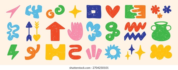 Formas de doodle abstractas lindas. Conjunto de varios niños modernos dibujados a mano estrellas, corazones, nubes, flores pegatinas. Figura de cómic retro. Ilustración vectorial
