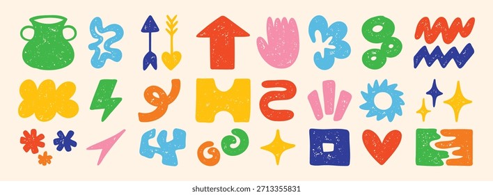 Nette abstrakte Doodle-Formen. Set von verschiedenen modernen Kindern handgezeichnete Sterne, Herzen, Wolken, Blumen Aufkleber. Retro Comic Figur. Vektorgrafik