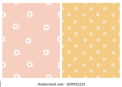 Cute Abstract Doodle Vector Patterns Set. Simple Infantile Style Geometric Print ideal for Fabric, Textile. Funny Hand Drawn Suns Isolated on a Light Yellow and Pastel Pink Background.