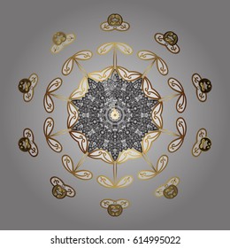 Cute abstract doodles vector design on gray background. Flat snow doodle icons, golden silhouette in colors for christmas banner, cards. New year snowflake.