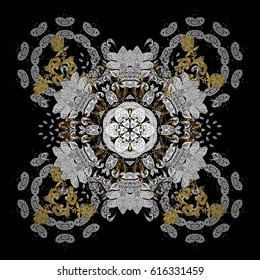 Cute abstract doodles vector design on black background. Flat snow doodle icons, golden silhouette in black colors for christmas banner, cards. New year snowflake.
