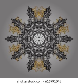 Cute abstract doodles vector design on gray background. Flat snow doodle icons, golden silhouette in colors for christmas banner, cards. New year snowflake.