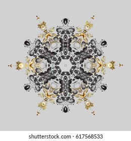 Cute abstract doodles vector design on gray background. Flat snow doodle icons, golden silhouette in colors for christmas banner, cards. New year snowflake.