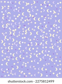 Cute Abstract Dots moon Vector Pattern. small circle geometry white and yellow color. Vector illustration. Vertical purple Background layout.