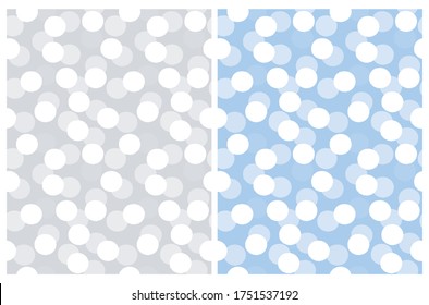 Cute Abstract Dots Seamless Vector Pattern. White Irregular Brush Dots Iolated on a Light Gray and Light Blue Backgrounds. Lovely Pastel Color Delicate Layouts. Funny Infantile Style Design.
