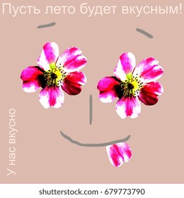  Cute abstract face with eyes in form of wild roses flowers. "We cook deliciously. Let it be a delicious summer!" (text in russian) Template of signboard.