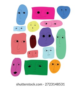 Vector de caras Abstractas lindas, personajes dibujados a mano coloridos, juego de retratos de dibujos animados juguetones, ilustración moderna
