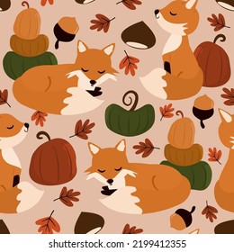 cute abstract fall autumn season seamless vector pattern background illustration with adorable cartoon character fox pumpkins, leaves, acorns and chestnuts