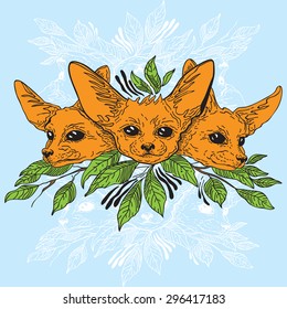 Cute abstract fennec fox faces on a background of leaves