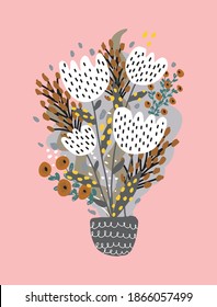 Cute Abstract Floral Bouquet Vector Illustration.  White and Brown Flowers and Twigs Isolated on a Pastel Pink Background. Hand Drawn Infantile Style Flowers in a Gray Vase. 