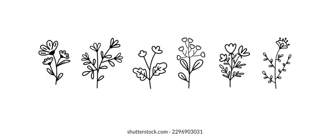 Cute abstract floral hand drawn plants and flowers line art Vector illustration. Trendy Modern cartoon style pattern template collection. for logo, tattoo, invitation, card, and prints.