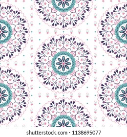 Cute abstract floral seamless pattern with flowers, dots and lines. Native folk style illustration for print, textile, design, interior, festival. Summer and spring theme vector