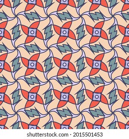 cute abstract floral seamless pattern. pink, light purple, green, red abstract shapes with black outlines are arranged in a specific order. vector
