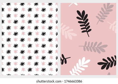 Cute Abstrakte Muster für barmherzige Vektormuster. Unregelmäßige Brush Blumen und Zwiebeln einzeln auf hellrosa und weißem Hintergrund. Schöne pastellfarbene Blumendrucke. Funny Infantile Style Design.