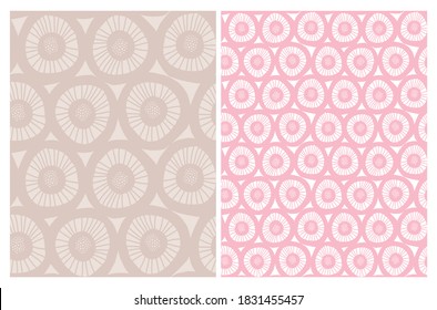 Cute Abstract Floral Seamless Vector Patterns with Hand Drawn Geometric Flowers Isolated on a Pink and Beige Background. Funny Abstract Graden Print ideal for Fabric, Textile. Wrapping Paper. 