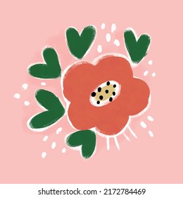 Cute Abstract Floral Vector Illustration with Red Hand Drawn Flower on a Pastel Pink Blackground. Infantile Style Print ideal for Card, Poster, Greetingd, Wall Art, Decoration.