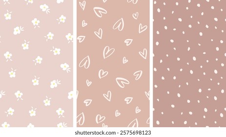 Cute Abstract Floral,Heart,  Seamless Vector Patterns. White Freehand daisy on a Beige and its shades Background. Simple Infantile Style Irregular Print with Hand Drawn Spots.