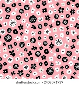 Cute, abstract flower cronw seamless repeat pattern. Random placed, minimal botanic aop all over surface print on pink background.