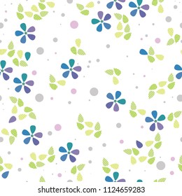 cute abstract flower and leaves floral repeating seamless vector wallpaper design with dainty flowers striped leaves and spots in blue purple green and pink colors