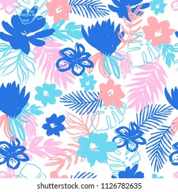 Cute Abstract Flowers Seamless Pattern with Hand Drawn Palm Leaves.Illustration for Surface , Invitation , Notebook, Banner , Wrap Paper ,Textiles, Cover, Magazine ,Postcard ,Interior,Fashion