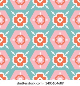 Cute abstract flowers seamless pattern in pink, orange and white on a turquoise green background. Sweet and girly, perfect for spring and summer designs for textiles, fashion, room decor and paper.