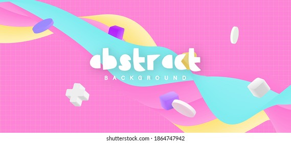 cute abstract fluid dynamic pastel gradient with 3d geometric object background vector
