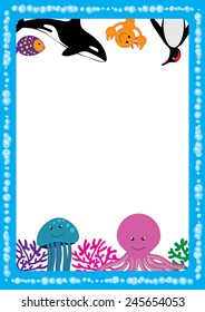Cute, abstract frame with cheerful sea animals