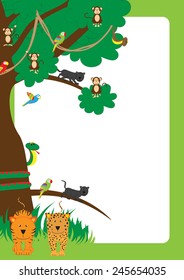 Cute, abstract frame with cheerful tropical animals