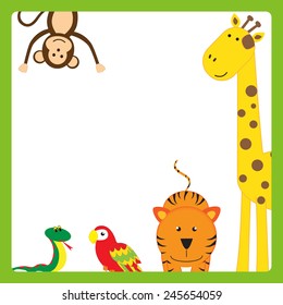 Cute, abstract frame with cheerful tropical animals