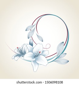 Cute abstract frame for wedding invitation, celebration, congratulation on March 8, birthday. Vector romantic lily flowers and floral curls for design postcards.