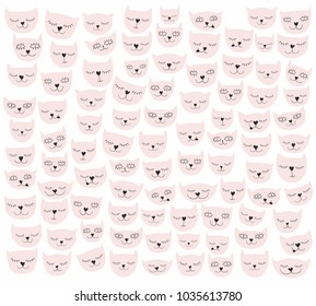 Cute Abstract Funny Pink Cats Vector Pattern. Funny Pastel Pink Cats Isolated on a White Background. Sweet Smiling Kitties with Heart Shape Noses. Childish Style Nursery Vector Art. Lovely Pink Cats.