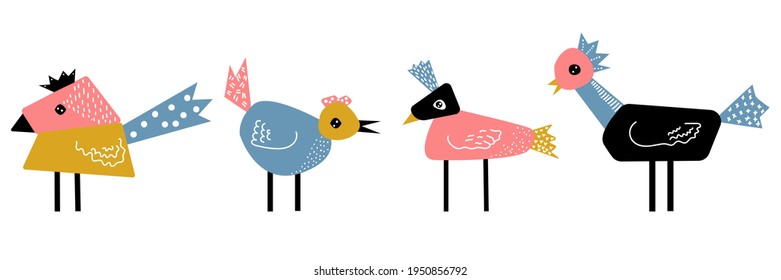 Cute abstract geometric birds on white background. Vector hand-drawn children's illustration perfect for poster, print or card. Flat style