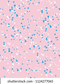 Cute Abstract Geometric Seamless Vector Pattern. Blue and White Tiny Triangles on a Light Pink Background. White and Blue Falling Triangles Confetti. Irregular Seamless Vector Pattern. 