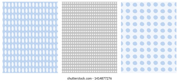 Cute Abstract Geometric Seamless Vector Patterns Set. Irregular Dots Repeatable Design. Funny Dots on a Gray and Light Blue Backgrounds. Simple Dotted Layouts.
