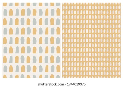 Cute Abstract Geometric Seamless Vector Patterns. Irregular Brush Spots Isolated on a Pale Yellow and Gray Backgrounds. Lovely Pastel Color Abstract Prints. Funny Infantile Style Design.