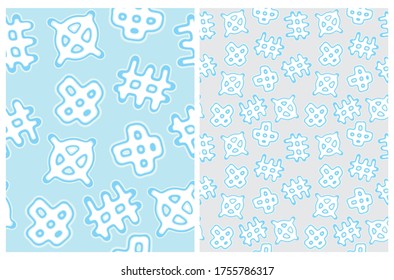 Cute Abstract Geometric Seamless Vector Patterns. White Hand Drawn Irregular Elements Isolated on a Blue and Gray Backgrounds. Lovely Pastel Color Delicate Layouts. Funny Infantile Style Design.