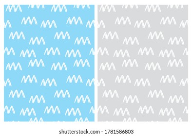 Cute Abstract Geometric Seamless Vector Pattern. White Irregular Chalk Zig Zags Isolated on a Blue and Gray Background. Funny Infantile Style Design. Doodle Print.