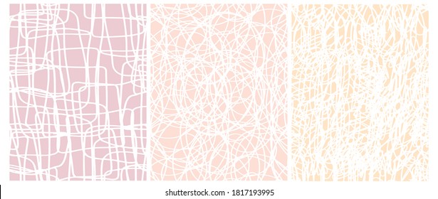 Patrón de vectores geométricos sin soldadura de abstracto. Mano blanca irregular dibuja grietas sobre fondo rosa claro y amarillo. Funny Simple Diseño Creativo. Gráfica de Doodle de Estilo Infantil.