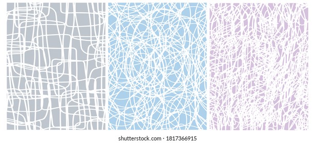 Cute Abstract Geometric Seamless Vector Pattern. Irregular White Hand Drawn Scribbles on Light Gray, Pastel Blue and Violet Background. Funny Simple Creative Design. Infantile Style Doodle Graphic.