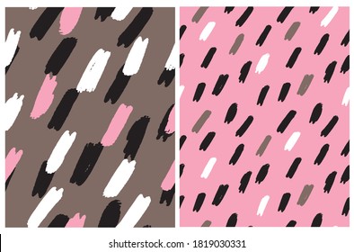 Cute Abstract Geometric Seamless Vector Pattern. White, Pink, Brown and Black Irregular Brush Spots Isolated on a Brown and Pink Backgrounds. Funny Doodle Print. Abstract Wild Animal Skin.