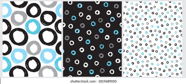 Cute Abstract Geometric Seamless Vector Pattern. White, Blue, Gray and Black Irregular Brush Circles Isolated on a Black and White Backgrounds. Funny Doodle Print. simple Dotted Repeatable Design.