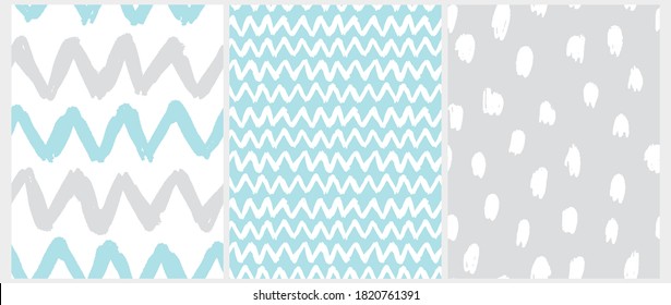 Cute Abstract Geometric Seamless Vector Pattern. Hand Drawn Spots and Chevron Isolated on a White, Gray and Blue Background. Funny Doodle Print. Simple Infantile Style Repeatable Design.