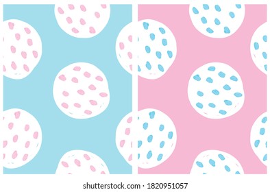 Cute Abstract Geometric Seamless Vector Pattern. Hand Drawn Dots and Spots Isolated on a Blue and Pink Background. Funny Doodle Print. Simple Infantile Style Repeatable Design.
